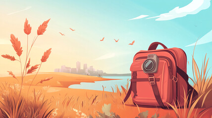 A vibrant illustration of a backpack resting by a serene lake at sunset with a city skyline