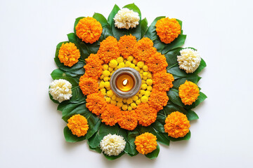 Poster - marigold flower and green leaf rangoli with oil lamp on white background