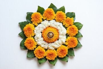 Canvas Print - marigold flower and green leaf rangoli with oil lamp on white background