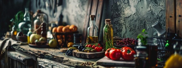 Wall Mural - Rustic kitchen setting with fresh vegetables and herbs