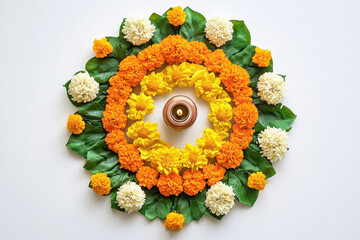 Sticker - marigold flower and green leaf rangoli with oil lamp on white background