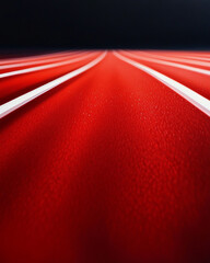 A close-up view of a vibrant red athletic track, showcasing its smooth surface and distinct white lines under dramatic lighting.