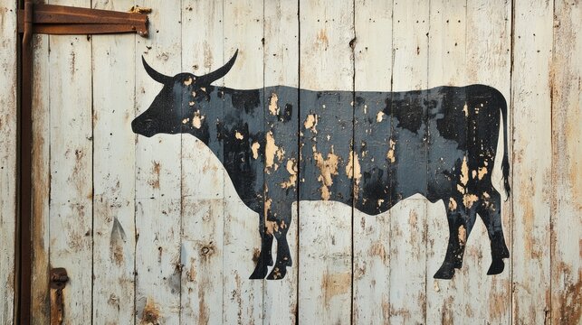 A rustic cow symbol painted on a barn door, representing traditional, small-scale farming.