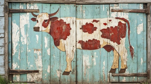A rustic cow symbol painted on a barn door, representing traditional, small-scale farming.