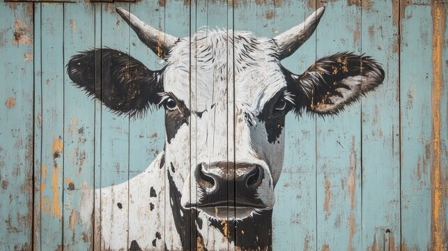A rustic cow symbol painted on a barn door, representing traditional, small-scale farming.