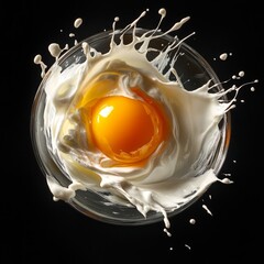 Wall Mural - A single egg yolk sits in a splash of white liquid in a glass bowl against a black background.