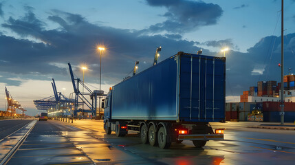 Truck trailer on the pier in the cargo port terminal with cranes and containers. AI Generated