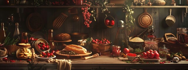 Rustic kitchen with fresh produce and traditional ingredients