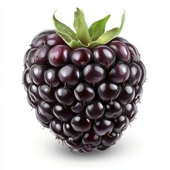 Poster - A single ripe blackberry with green leaves isolated on a white background.