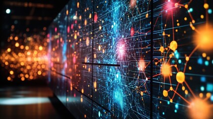 Poster - A dynamic representation of various AI algorithms unfolds in a modern setting, showcasing intricate patterns and vibrant colors that reflect complex interactions and data processing