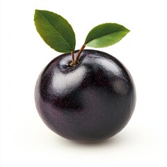 Wall Mural - A single ripe purple plum with green leaves on a white background.