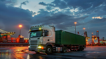 Truck trailer on the pier in the cargo port terminal with cranes and containers. AI Generated