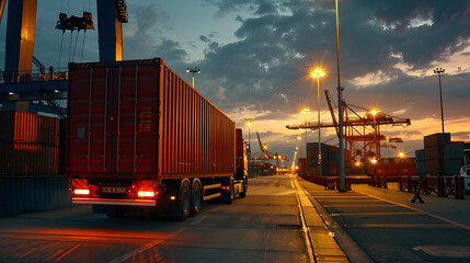 Truck trailer on the pier in the cargo port terminal with cranes and containers. AI Generated