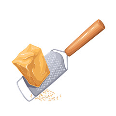 Grating piece of hard cartoon cheese on metal grater. Cooking dish with crumbs of aged Italian cheese by chef. Food preparation in kitchen mascot, cartoon grated tasty ingredient vector illustration