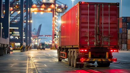 Truck trailer on the pier in the cargo port terminal with cranes and containers. AI Generated