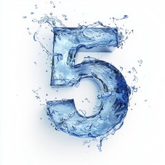 Blue water collects into the number 5 isolated on a white background