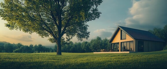 Wall Mural - Modern house with large windows and a wooden deck in a grassy field surrounded by trees under a cloudy sky.