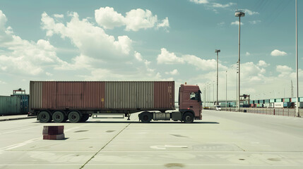 Truck trailer on the pier in the cargo port terminal with cranes and containers. AI Generated