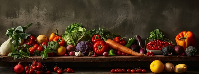 Wall Mural - Assortment of fresh vegetables on rustic wooden table