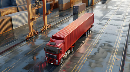 Truck trailer on the pier in the cargo port terminal with cranes and containers. AI Generated