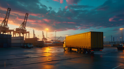 Truck trailer on the pier in the cargo port terminal with cranes and containers. AI Generated