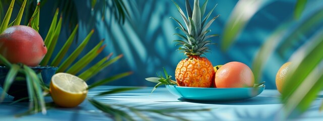 Tropical fruit arrangement with pineapple and grapefruit