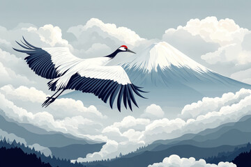 Japanese ukiyo-e style illustration of a majestic red-crowned crane flying over mount fuji in clouds