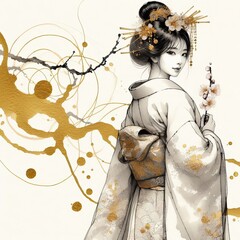 Wall Mural - Elegant Geisha with Sakura Blossoms: A Fusion of Tradition and Art with Generative AI.