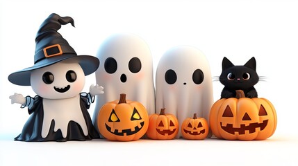 Cute Halloween characters with pumpkins in a festive setting during fall