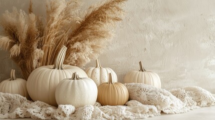 A stylish fall setup with white and beige pumpkins, pampas grass, and a textured knit blanket, creating a warm and inviting atmosphere.