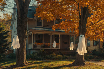 White ghosts hanging from trees decorating a house on a sunny autumn afternoon