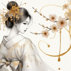 Wall Mural - Elegant Geisha with Sakura Blossoms: A Fusion of Tradition and Art with Generative AI.