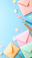 Poster - Pastel Envelopes with Confetti and Pencils on Blue Background.