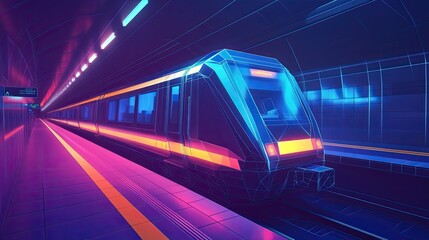 Wall Mural - Abstract Low Poly Train at Railway Station or Metro with Dark Blue Background, Highlighting Modern Transport Design with Polygonal Style.