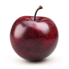 Wall Mural - A single, ripe, red plum with a stem, isolated on a white background.