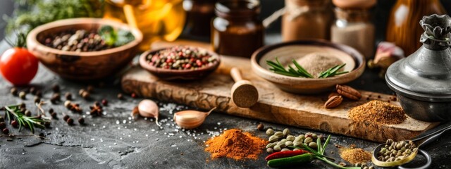 Wall Mural - Spices and herbs in a rustic kitchen setting