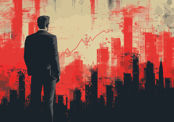 Poster - Manager Analyzes Rising Trends Against Urban Skyline in Bold Red and Black Contrast, Business Growth and Analysis Concept