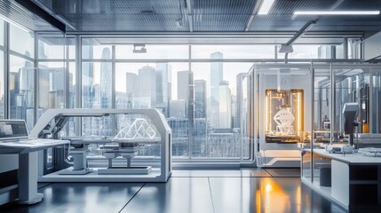 Poster - A futuristic laboratory features advanced scanning technology, with large windows providing a panoramic view of a bustling city under a clear sky. High-tech equipment is arranged efficiently