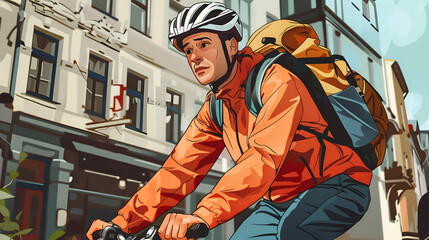 Male food delivery man in a helmet on a bicycle with a backpack, delivering food. AI Generated