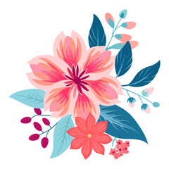 Sticker - Beautiful romantic flowers. Flowers decoration on a white background. Flower with leaves. Vector illustration.