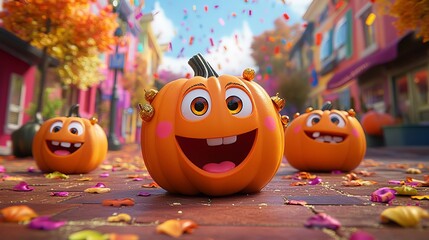 Happy pumpkins celebrate fall in a colorful street during autumn festivities