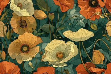 Wall Mural - Decorative floral pattern featuring orange and cream poppies on a dark green background