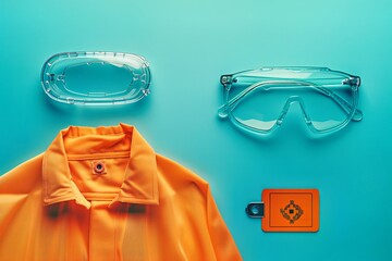 Protective Goggles and Orange Safety Jacket on Blue Background. Essential Safety Gear for Labour Day.