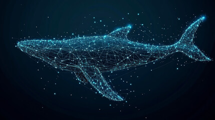 Wall Mural - Blue whale composed of polygons. Marine animal digital concept. Low-poly vector illustration featuring a starry sky or cosmos. The whale is made up of lines, dots, and shapes, with a wireframe light .