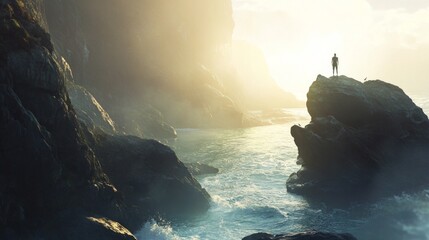 Wall Mural - A serene landscape capturing a lone figure standing atop a rock by the ocean. The sunlight streams through the mist, creating a peaceful and reflective atmosphere. 