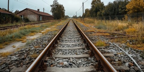 The image shows railroad tracks extending into the distance, flanked by grassy areas and an old building, with a cloudy sky adding to the sense of vastness and journey.