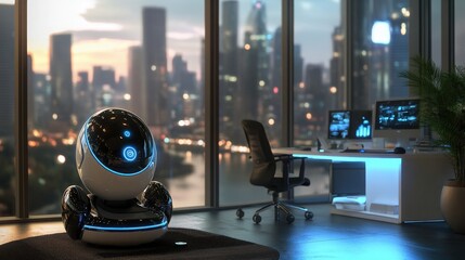 Poster - A compact robot assistant moves efficiently within a modern office, showcasing advanced technology against a stunning city backdrop as the sun sets, illuminating the room