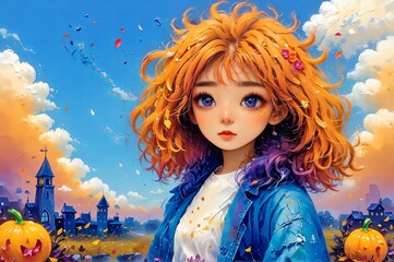 Wall Mural - Girl with red hair on blue background. Artistic background. Children's illustration for book. Book illustration. Desktop background. Cartoon stylized illustrated art.