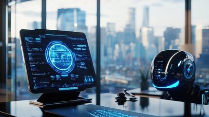 Poster - A sleek workspace showcases a sophisticated robot interacting with a high-tech monitor filled with data displays, set against a stunning urban skyline