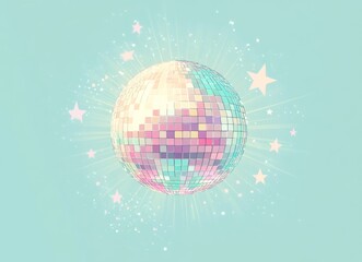 Wall Mural - a disco ball with pastel colors and light rays on an aqua background.